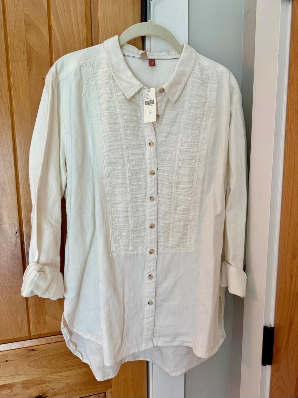 NWT Pilcro Tuxedo Ruched Tuxedo Button Down Shirt Anthropologie Linen Cotton - Picture 2 of 6